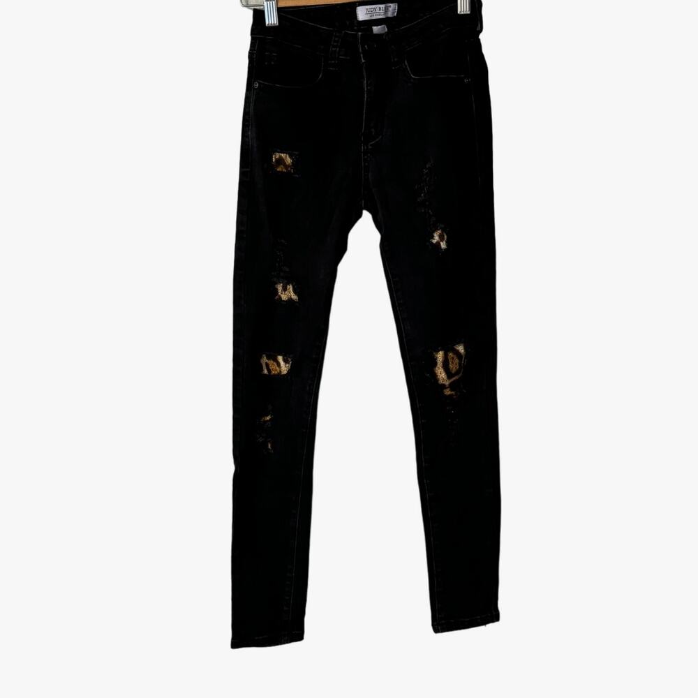 Judy Blue Leopard Patch Distressed Black Mid Rise Skinny Jeans Womens size 3/26